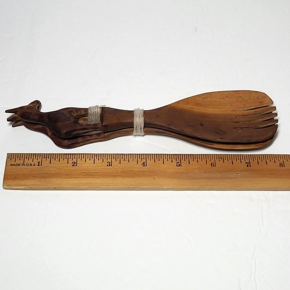 VTG Wooden Giraffe Wooden Salad Serving Set Fork and Spoon Hand Carved - Picture 6 of 12